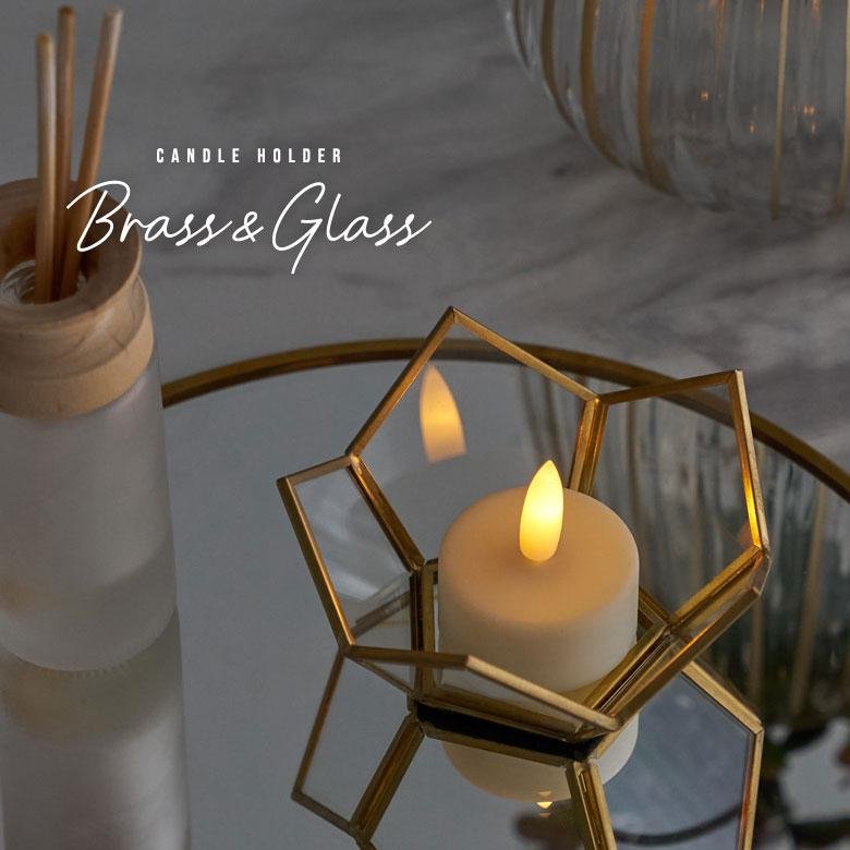 ELEMENTS キャンドル ホルダー 鏡 ガラス 真鍮 ゴールド 直径9cm