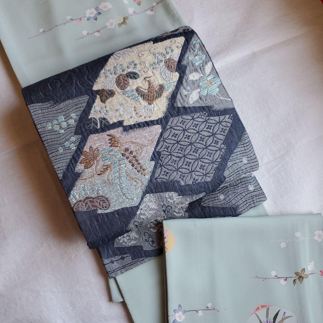 落ち着いたネイビーグレー　鳳凰と草花模様の袋帯 袋帯 麗鳳華飾 花鳳凰文様 薄緑色 金糸 六通柄 正絹 フォーマル 仕立て