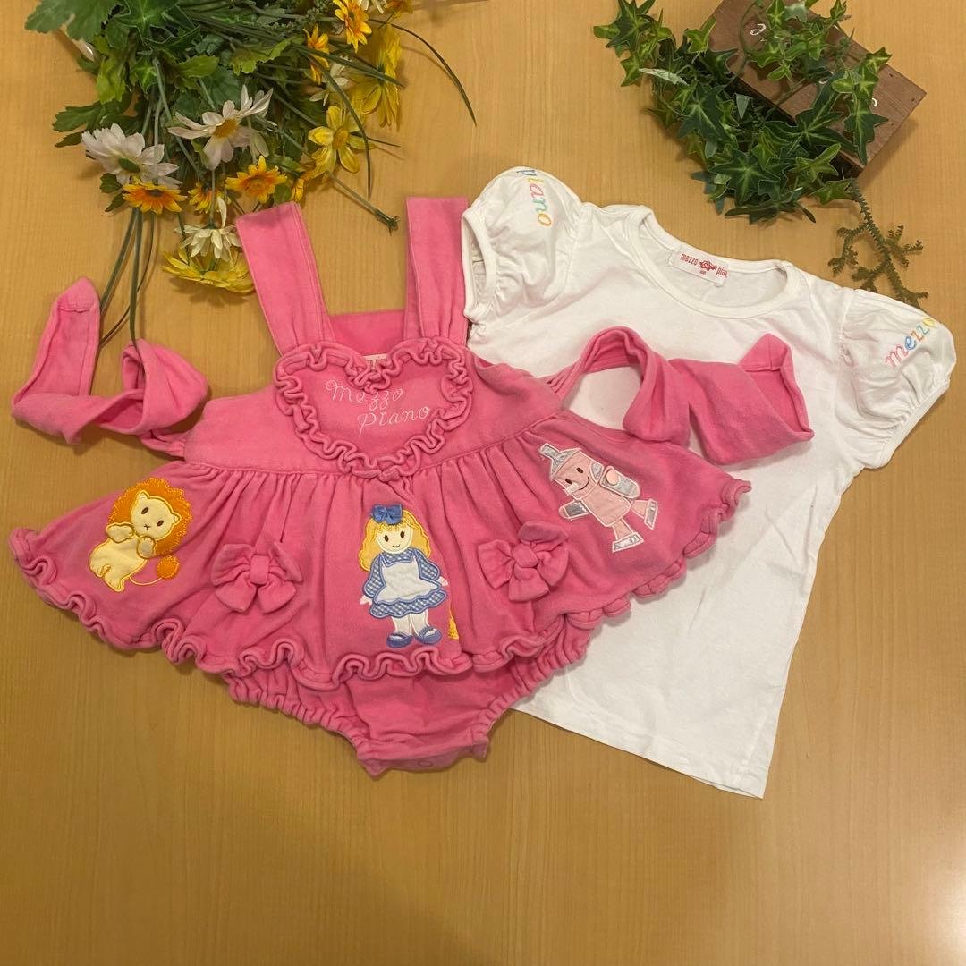 希少　メゾピアノピンクワンピースロンパース白半袖ブラウス　セット mezzo piano ワンピース 「バレエ」前開きセーラー半袖ワンピース